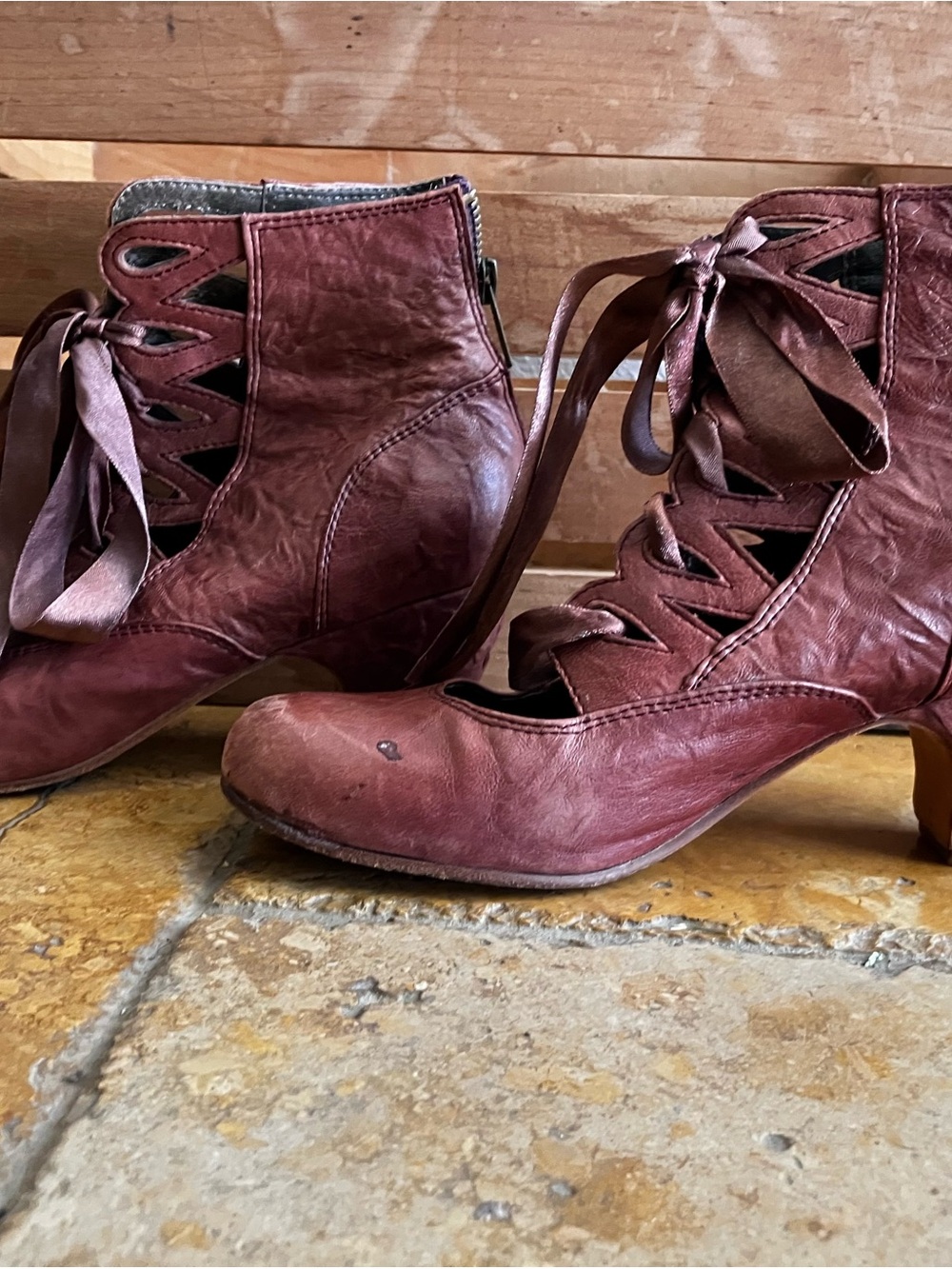 Anthropologie Burgundy Lace-Up Cutout Ankle Booties - Picture 6 of 6